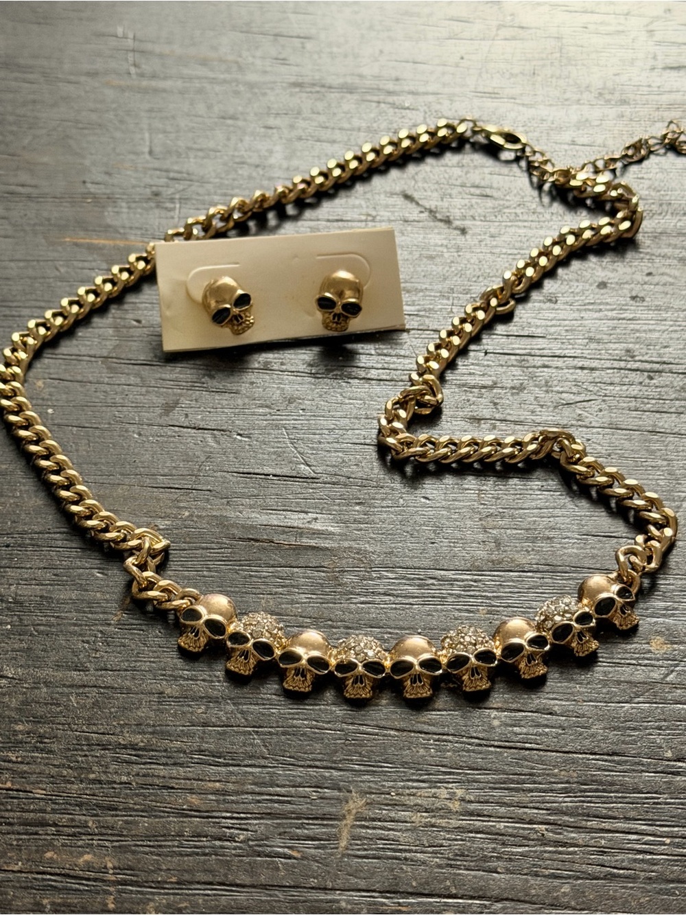 Gold Skull Crystal Accent Necklace and Stud Earrings Set 16” + ext